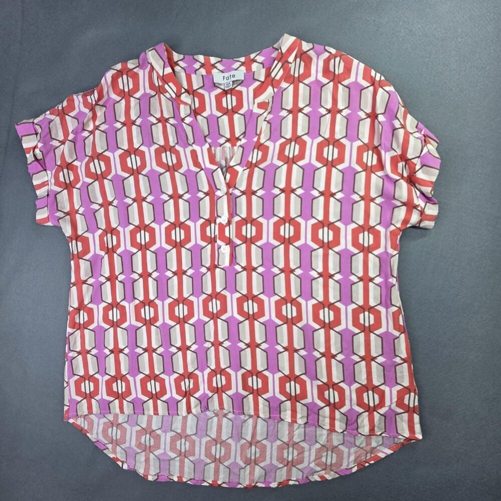 Fate Blouse Womens Medium Purple Red Geometric V Neck Short Sleeve High Low